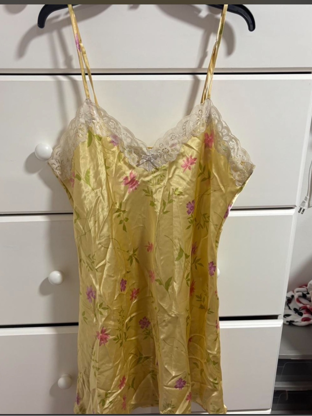 vintage Allison rhea Yellow slip dress with pink  flowers with lace detailing